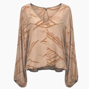 Womens Sz M‎ Silk Rayon Taupe Abstract Burnout Velvet Puff Sleeve Blouse Top